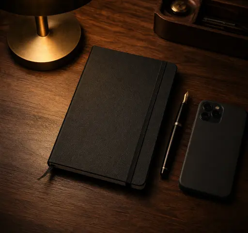 A black notebook, pen and phone prepared for remote accountability.