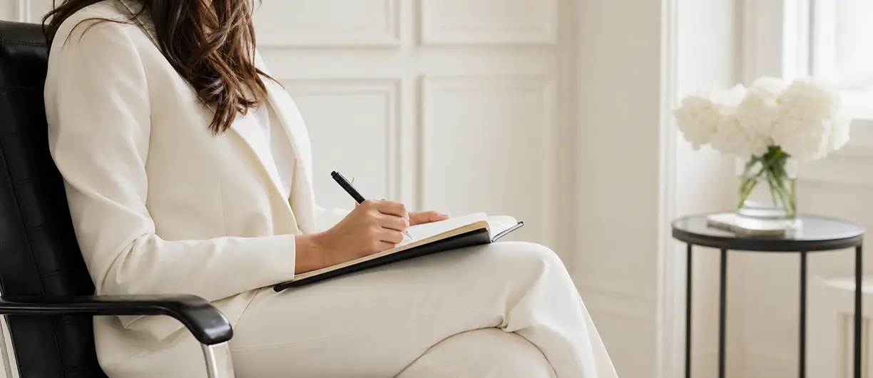 A tailored, face-discreet portrait of Noelle writing in a notebook.