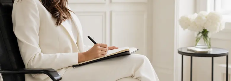 Noelle writing application notes in a private, composed setting.