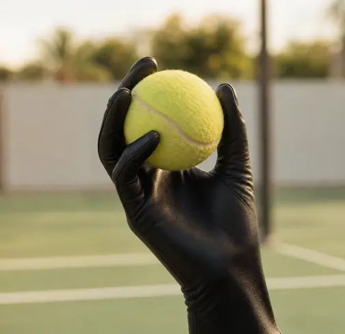 A gloved hand holding a tennis ball.